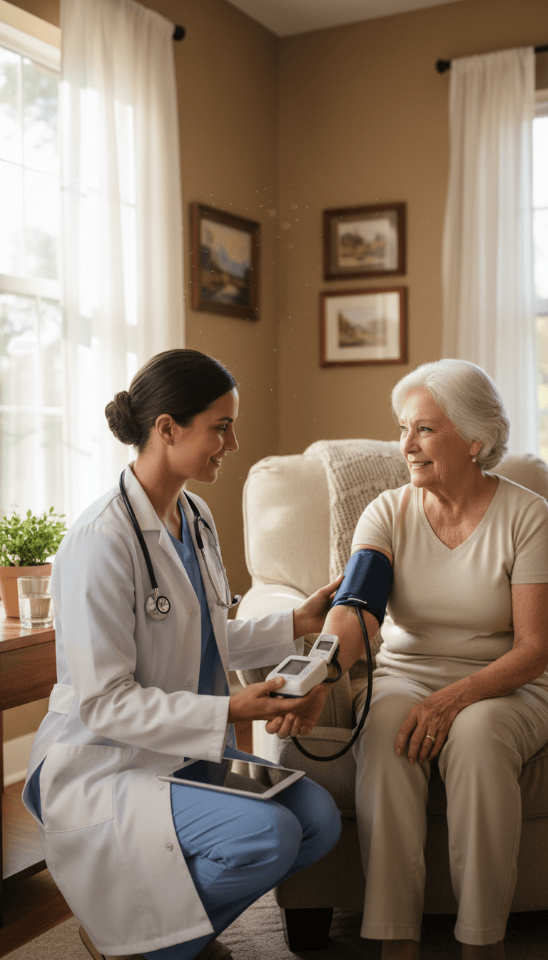 Profesional revisando signos vitales en ambiente hogareño