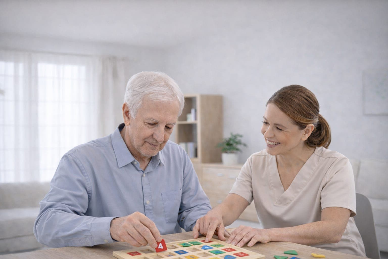 Hombre mayor y cuidadora sonriente juegan con fichas de colores en una mesa luminosa.
